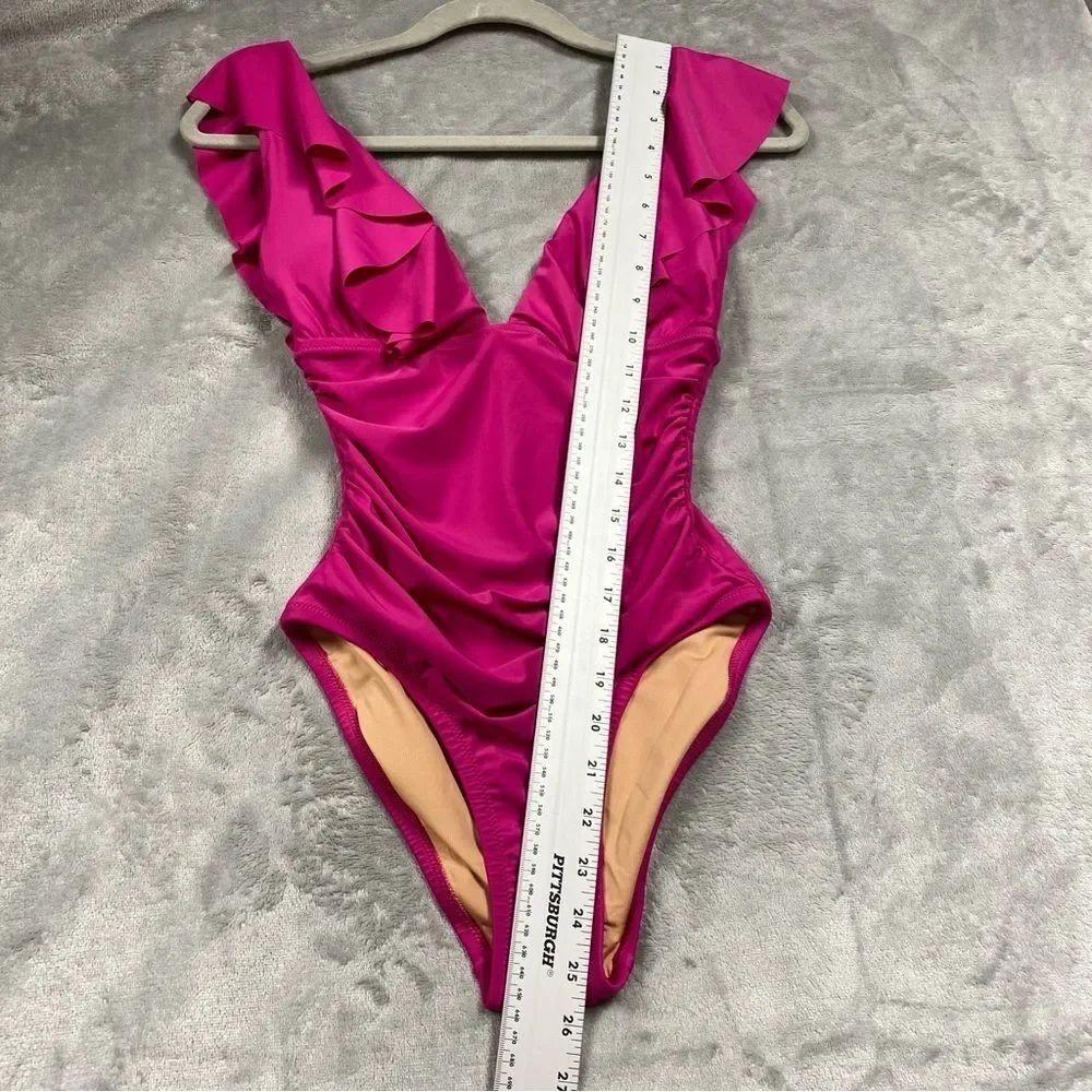 NEW J. Crew Ruched Ruffle One Piece Swimsuit V Neck Size 2 Pink Radiant Fuchsia